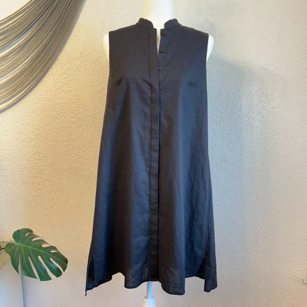 NWT Linen Cotton Anne Klein XS Black Mock Neck Sleeveless Tapered Shirt Dress